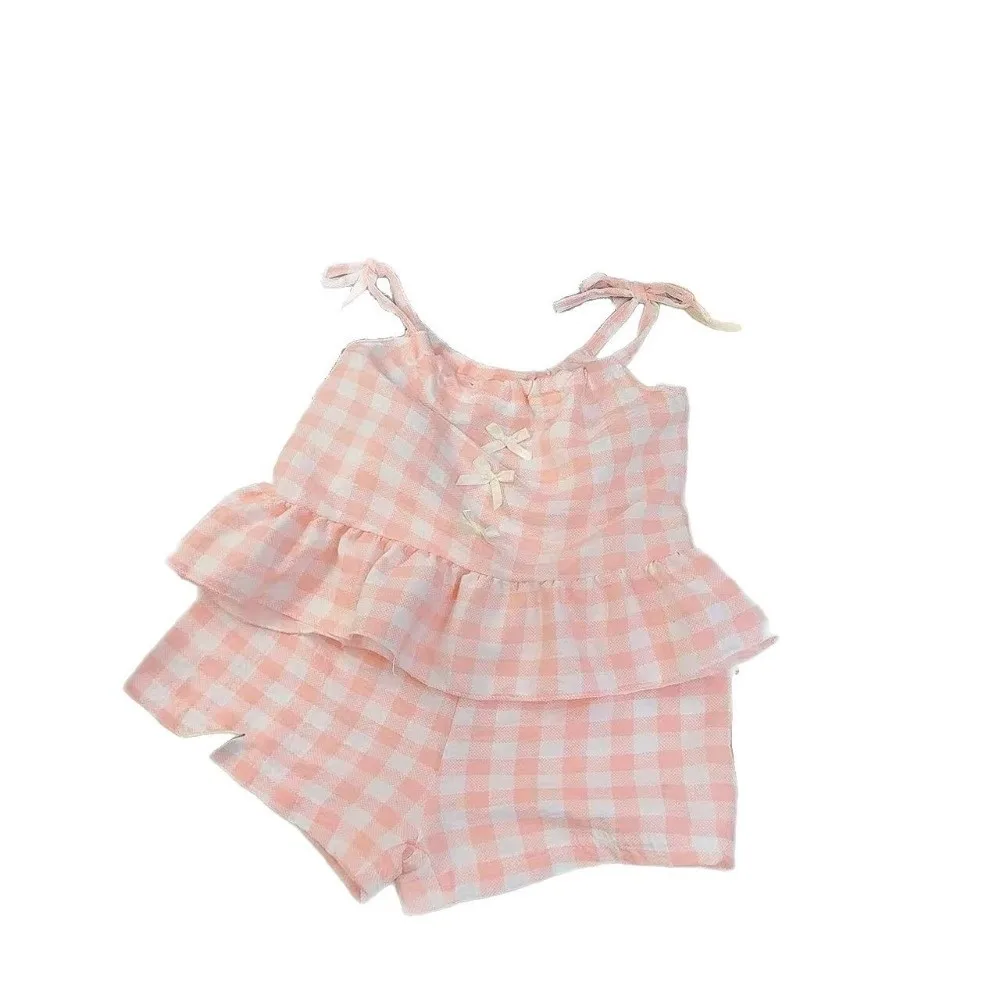 Fashion Princess Girls Sling Shorts Set Thin Bow Strap Suits Sweet Vest Skirt for Toddler