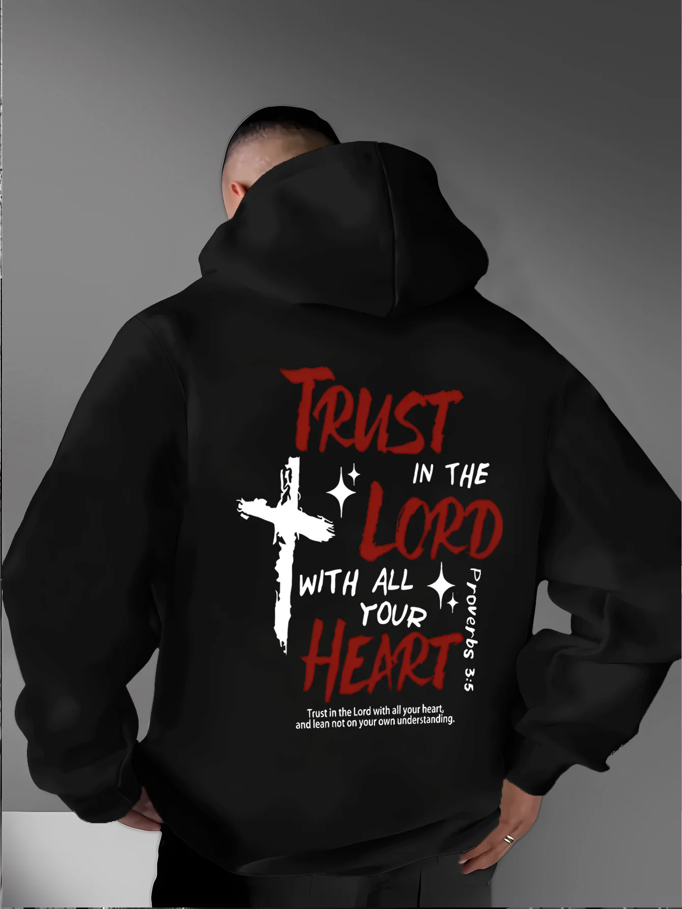 Christian Cross Bible Verse Printed Fleece Hoodies Mens Warm Winter Athletic Sportswear Sweatshirt Loose Workout Pullover Top