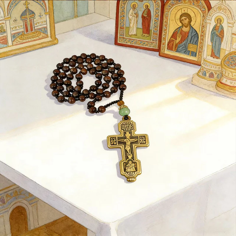 Orthodox Christian Chotki Dark Brown Wooden Prayer Beads With Bronze Crucifix And Green Jade Bead