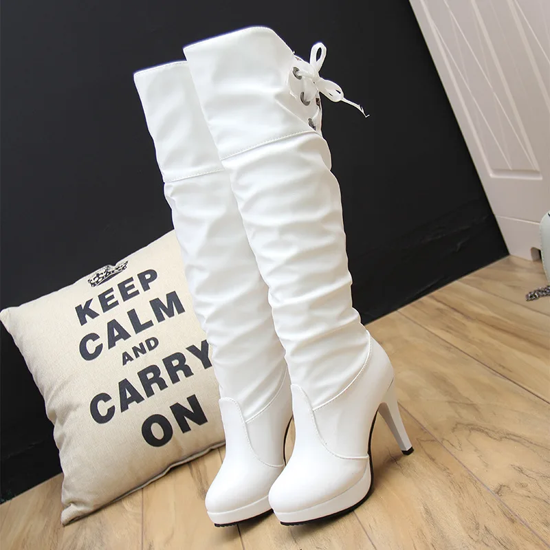 New Sexy Thigh High Boots Women Autumn Winter Elastic PU Leather Over-the-knee Boots For Women Heels White Long Shoes Large Size