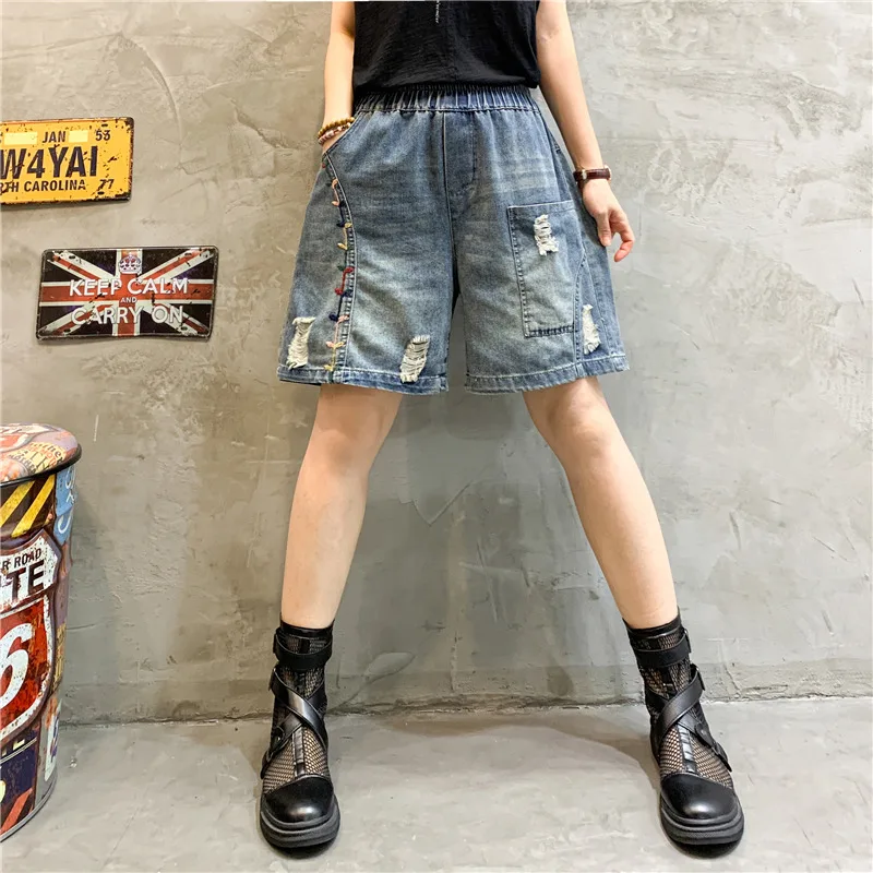 

Korean Style Hole Denim Shorts Women Summer Elastic Waist Pocket Loose Casual Wide Leg Pants Comfort All-matched Short Jeans