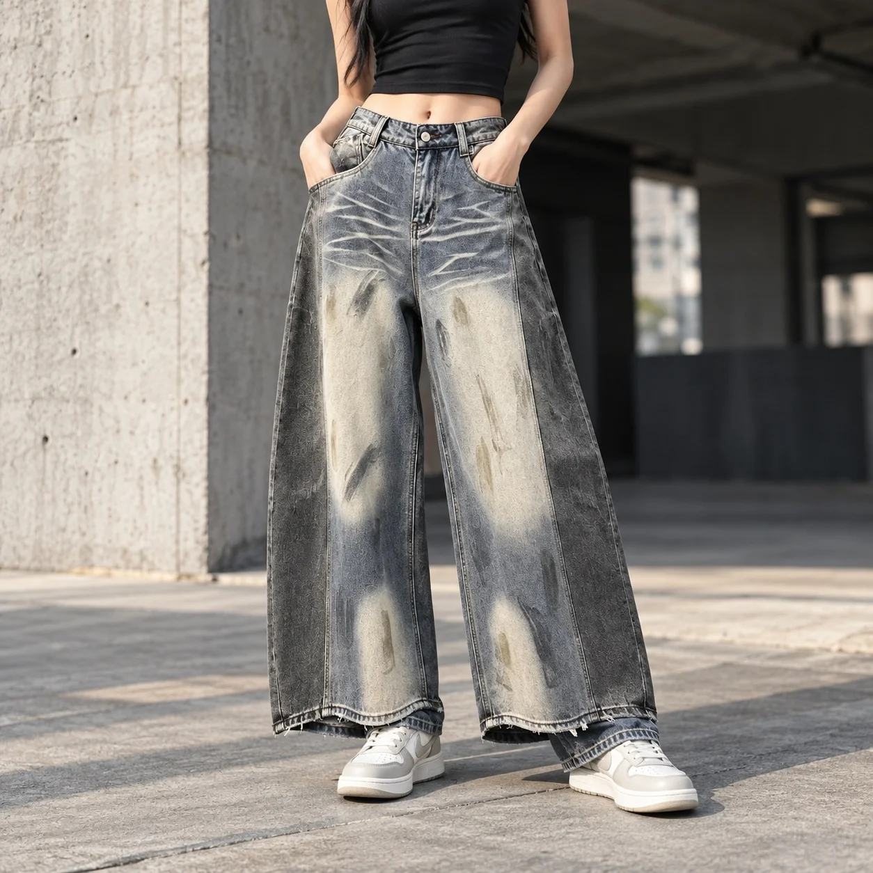 Washed Finish Wide Leg Jeans Mid Rise Streetwear with Faded Relaxed Fit Distressed Whiskering Cropped No Stretch Women Pants