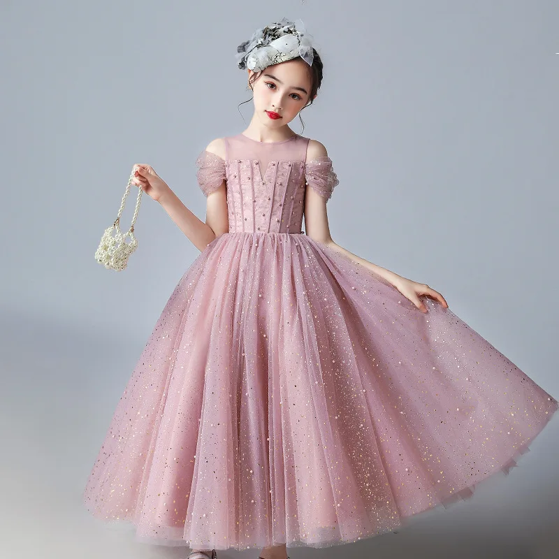 

Flower Girl Wedding Party Dresses Summer Lotus Pink Girl Gown Long Birthday Round Neck Puffy Skirt Performance Dress Customized