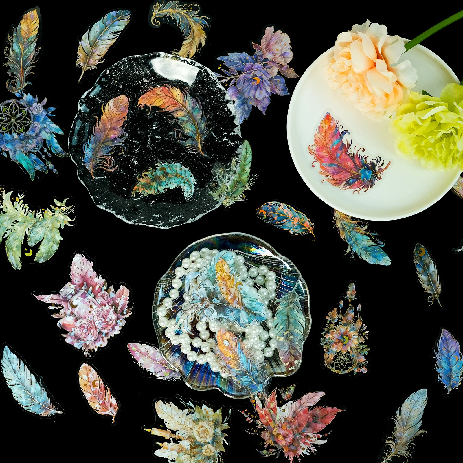 30Pcs Luxury Vintage Feather Stickers, Gold Foil Laser PET Decals for DIY Journal & Scrapbook