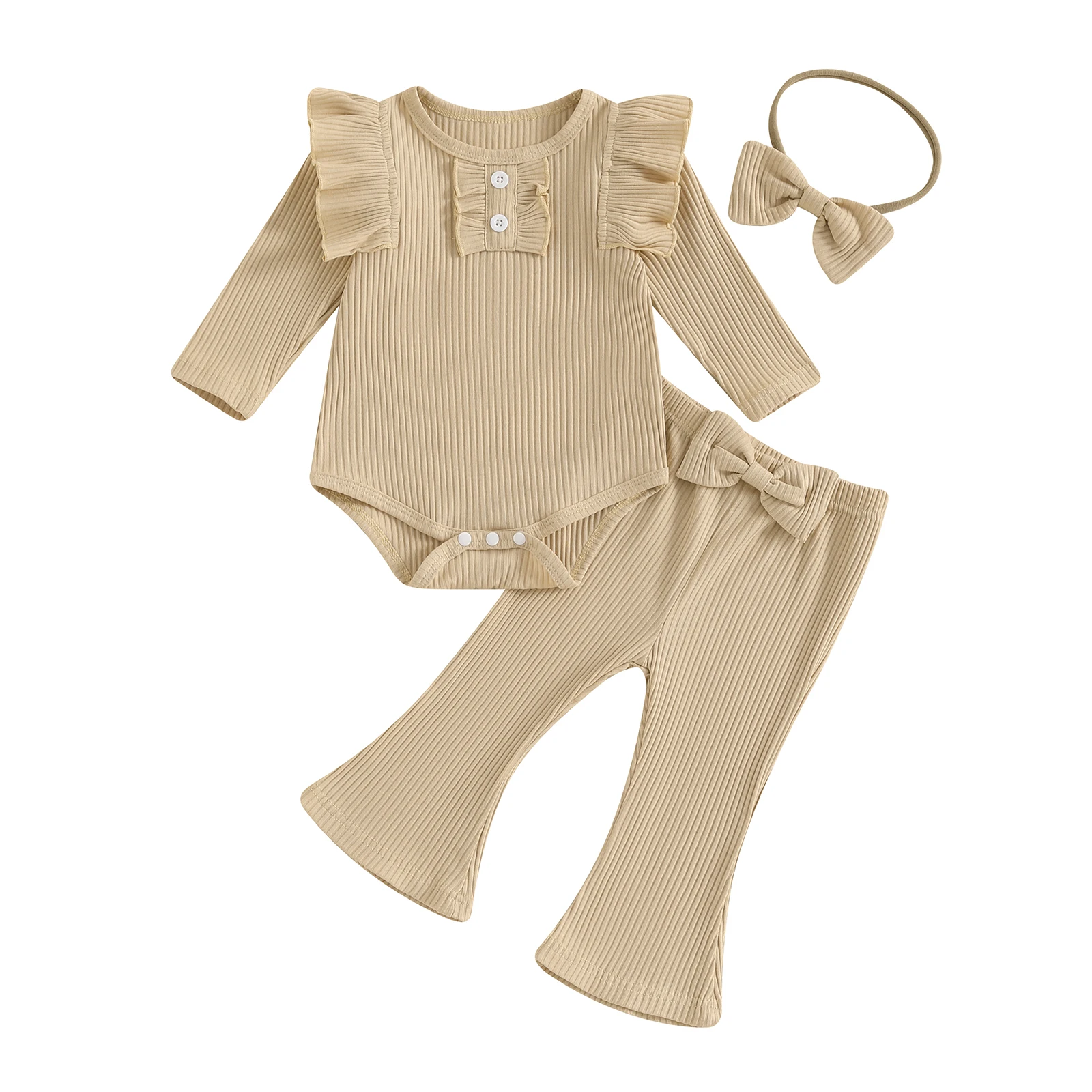 Kleinkind Baby Mädchen Herbst 3-teiliges Outfit Einfarbig Lange Ärmel Strampler und Schlaghose mit Stirnband Geripptes Set Neugeborene Kleidung