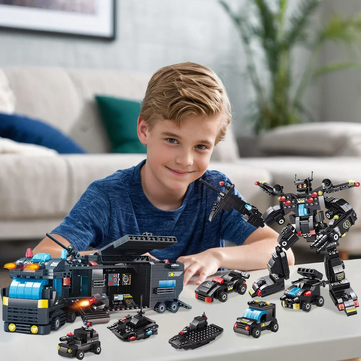 

DIY 596PCS Transformers Police Building Block Model Set Department Command Car Kids Children's Educational Toys for Boys