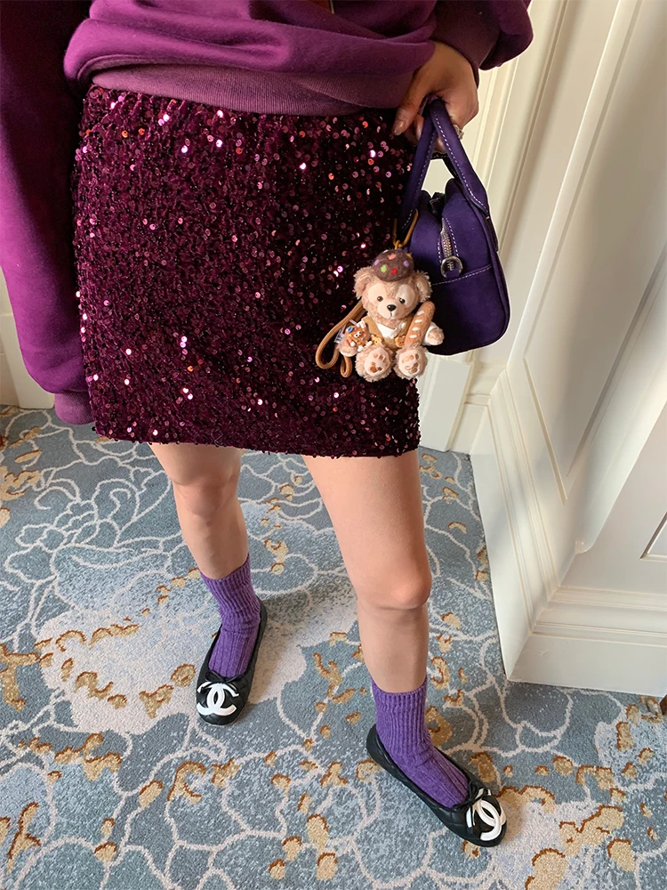 

Новая женская юбка из фиолетового бархата с пайетками, модная корейская версия 2025 года, для офиса, А-силуэт, из полиэстера