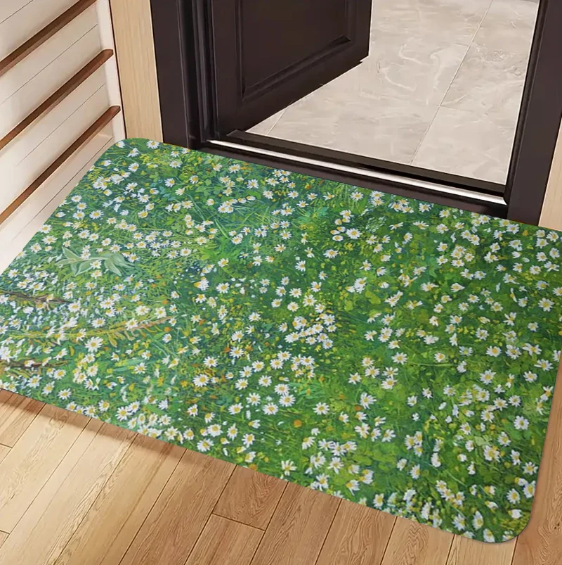 Impressionist Floral Meadow Doormat Carpet Rug Daisy Wildflower Rabbit Pattern Non Slip Decorative Floor Mat for Home Entryway