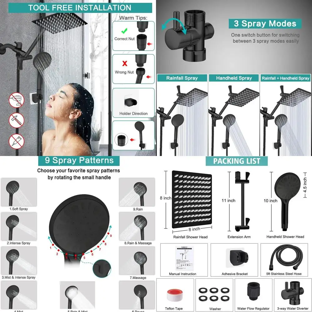 

Adjustable Matte Black Shower Head Combo: High-Pressure Rainfall with 8 Head, 11 Extension, 9 Functions, and Holder