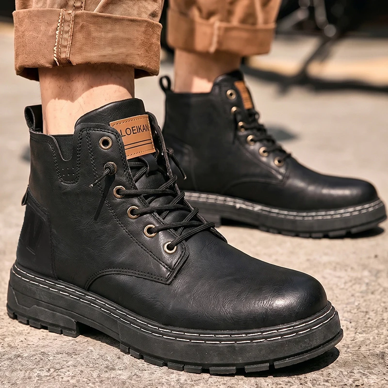 Herren High-Top Freizeitstiefel aus Kunstleder mit Schnürung, dicker rutschfester Blocksohle und genähten Details für den täglichen Einsatz in der Stadt. – Detail 2