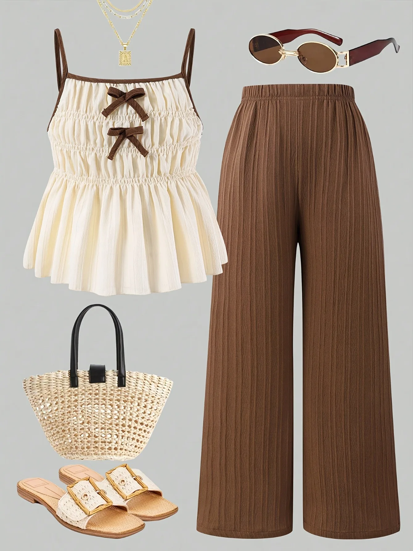 Comfy Kids Girls 2-Piece Set, Soft Breathable Fabric Bow Smocked Top + Brown Wide Leg Pants
