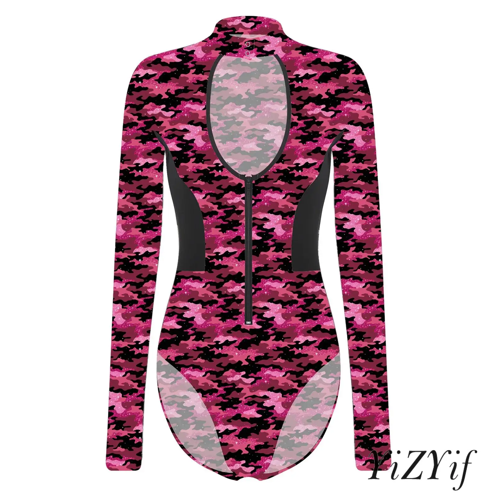 

Bold Military Cosplay Leotard Women's Camouflage Bodysuit Long Sleeve Zipper Front Hollow Out Veteran Dress Up Halloween Cosplay