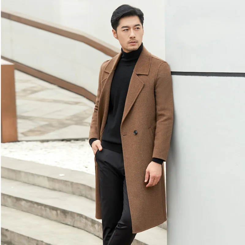 

High End Long Men's 100% Pure Wool Suit Woolen Cardigan Jacket Autumn/ Winter New Woolen Business Double-sided Cashmere Coat