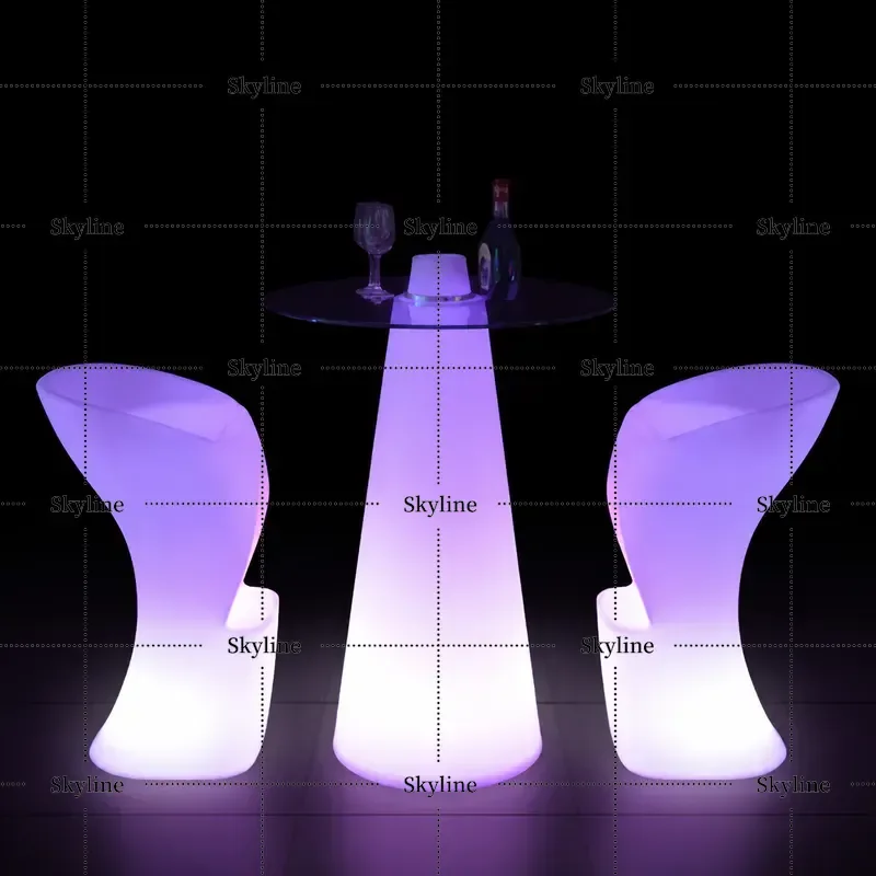 Outdoor Luminous High Footed Table and Bar Stool Set, LED Light Up Wine Coffee Table with Backrest Chairs