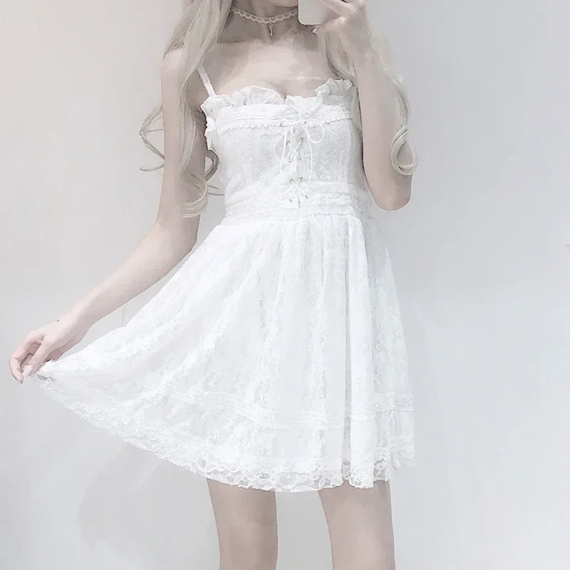 女性のための柔らかい日本のロリータドレス,白いレース,胸のクロスストラップ,弓のダンガリー,セクシー,新しい夏のスタイル,Cosl120