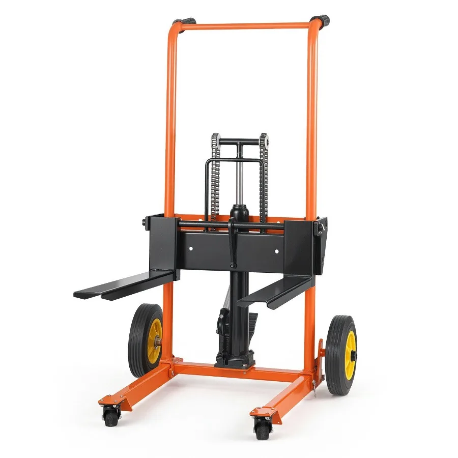 

Hydraulic Material Lift Winch Stacker 450 lbs Load Capacity Pallet Truck Dolly with Fork Lift Table 35.4 Inches Max Lifting Hei
