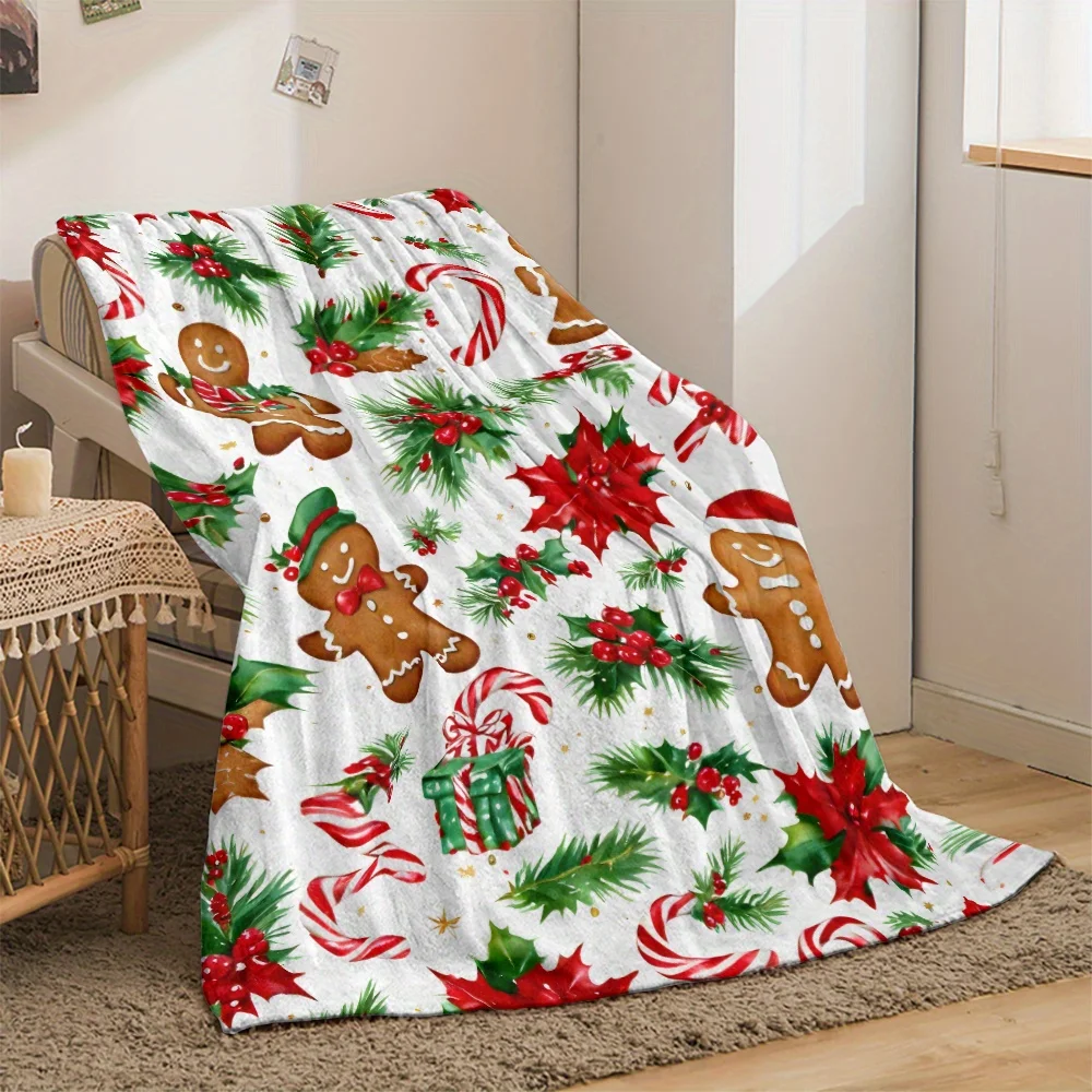 Christmas Gingerbread & Holly Pattern Fleece Throw Blanket - All-Season Chunky Knit Polyester, Machine Washable, Uncharged, Soft