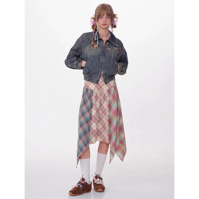 Y2K Plaid Midi Spódnica Kobiety Harajuku Vintage z paskiem Asymetryczne spódnice Letnie koreańskie wysokiej talii Slim A Line Faldas New