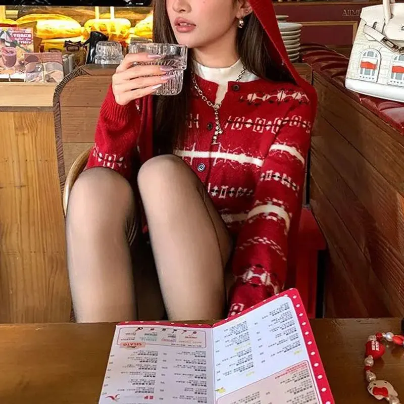 

Christmas Vintage Jacquard Weave Sweaters Female Clothing Fair Isle Slim Autumn Winter O-Neck Single-breasted Knitted Cardigan