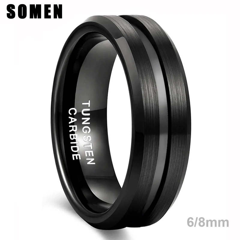Somen Men Ring Black Tungsten Carbide Ring 6mm 8mm Groove Brushed Wedding Band Męskie pierścionki zaręczynowe Anel Masculino Comfort Fit