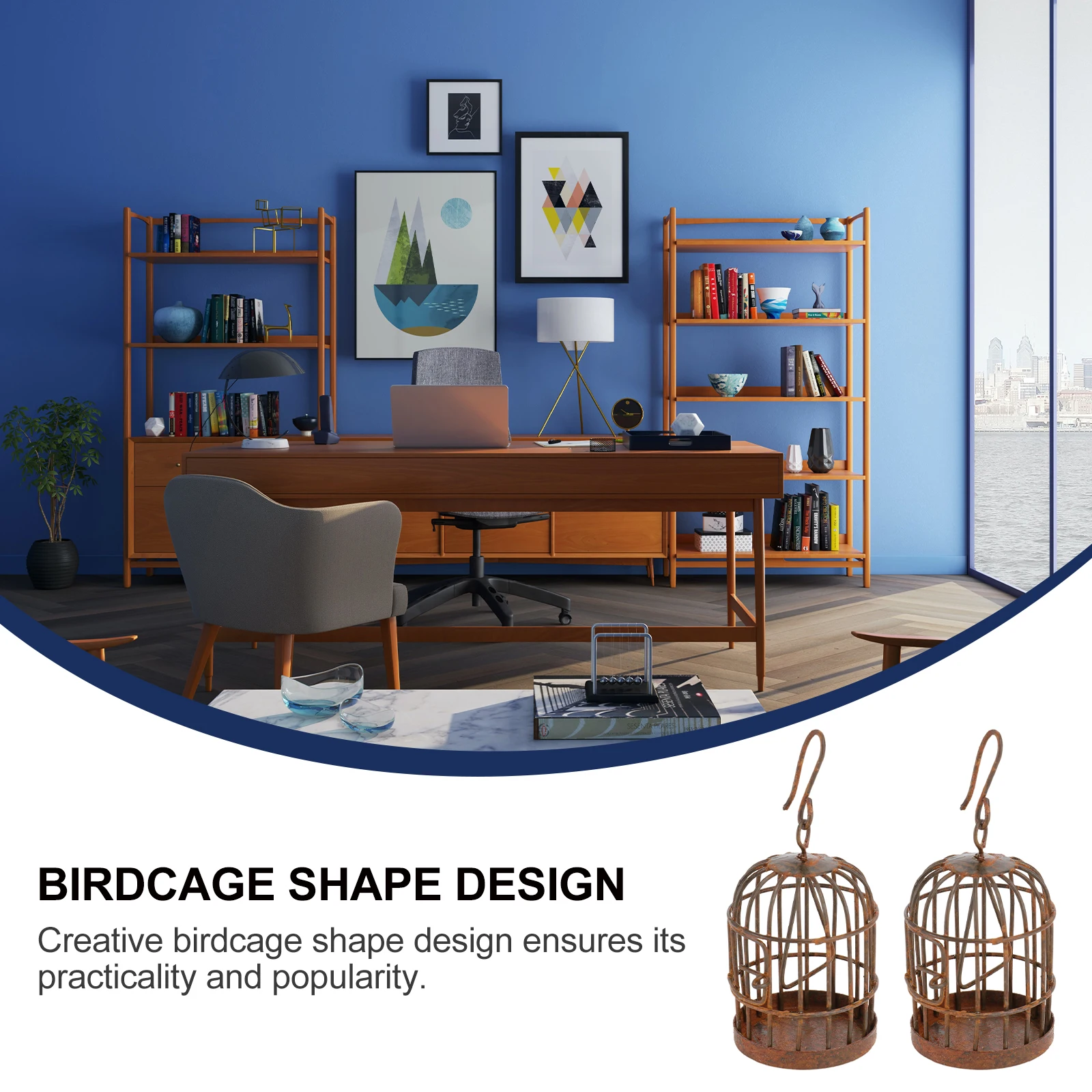 

2Pcs Iron Birdcage Rust Effect Ornaments Miniature Hanging Decor Garden Patio Home Office Accessories Micro Landscape