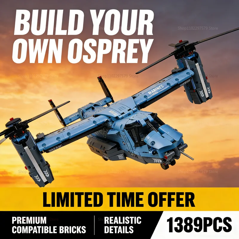 

2026 New MOC V22 Tiltrotor Aircraft Helicopter Building Blocks 1389PCS Military Airplane Model Toys Gift for Kids and Home Decor