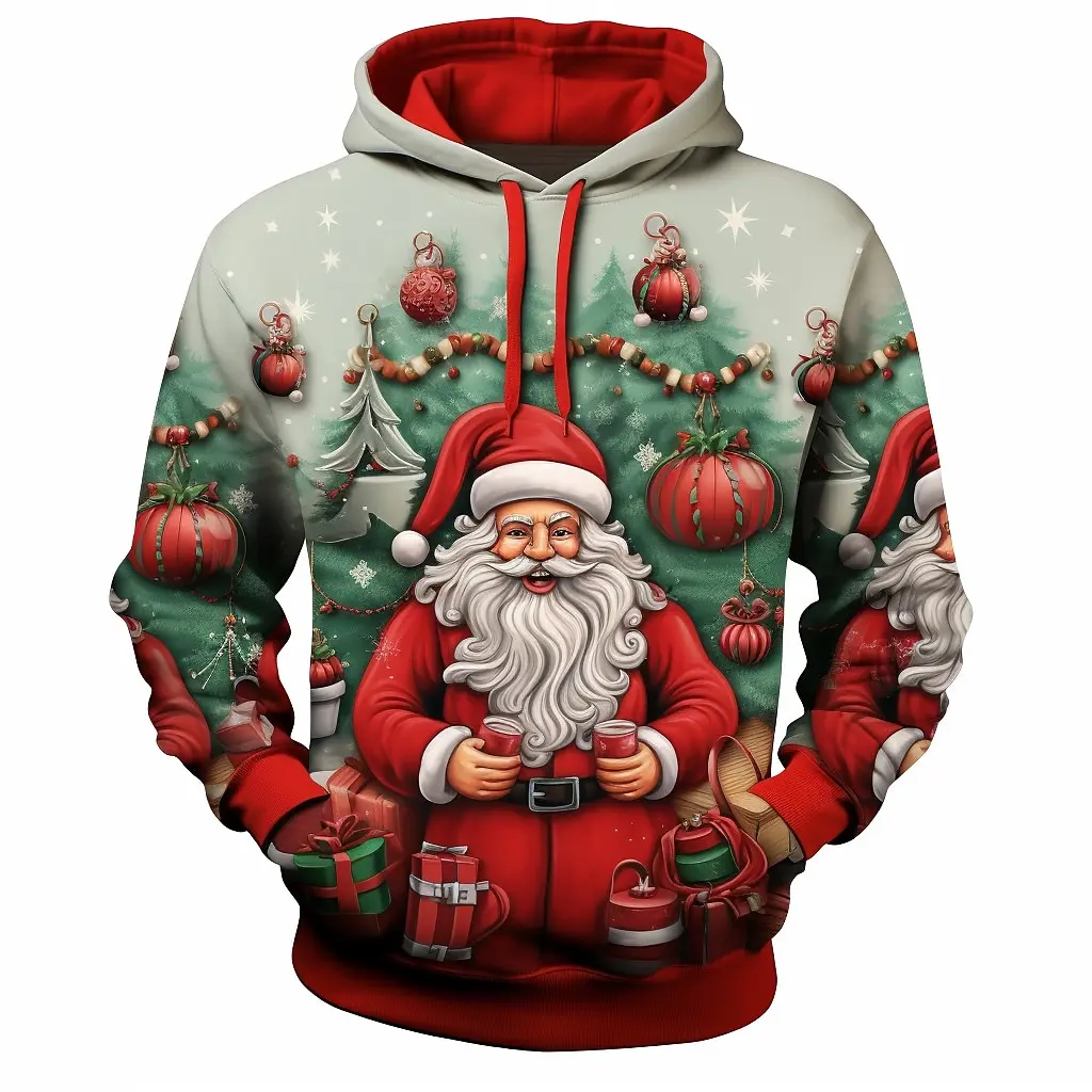 

Christmas the elderly men's 3D printed sportswear long sleeved hooded round neck party Christmas New Year red autumn men's tops