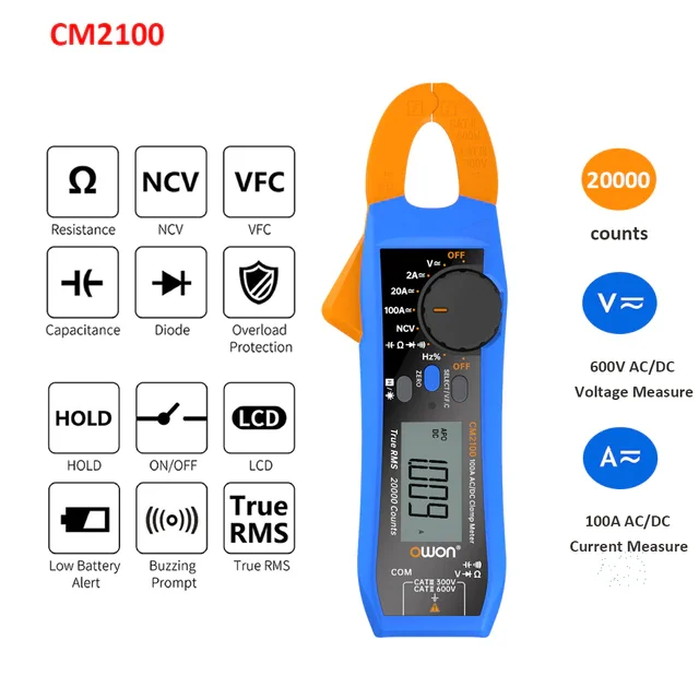 OWON smart Clamp Meter Owon CM2100/CM2100B Digital AC/DC Clamp Meter Mini Smart Portable Ammeter Voltage Voltmeter 20000 Counts