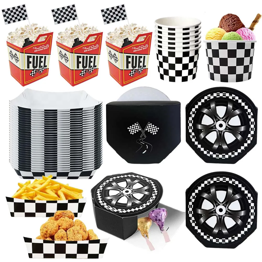 Rennwagen-Party-Zubehör, Papier-Bonbonbox mit Rennwagen-Motiv, Schwarz-Weiß Karierte Lebensmittelschalen, Rennwagen-Motiv für Jungen-Geburtstag und Babyparty-Zubehör – Detail 1