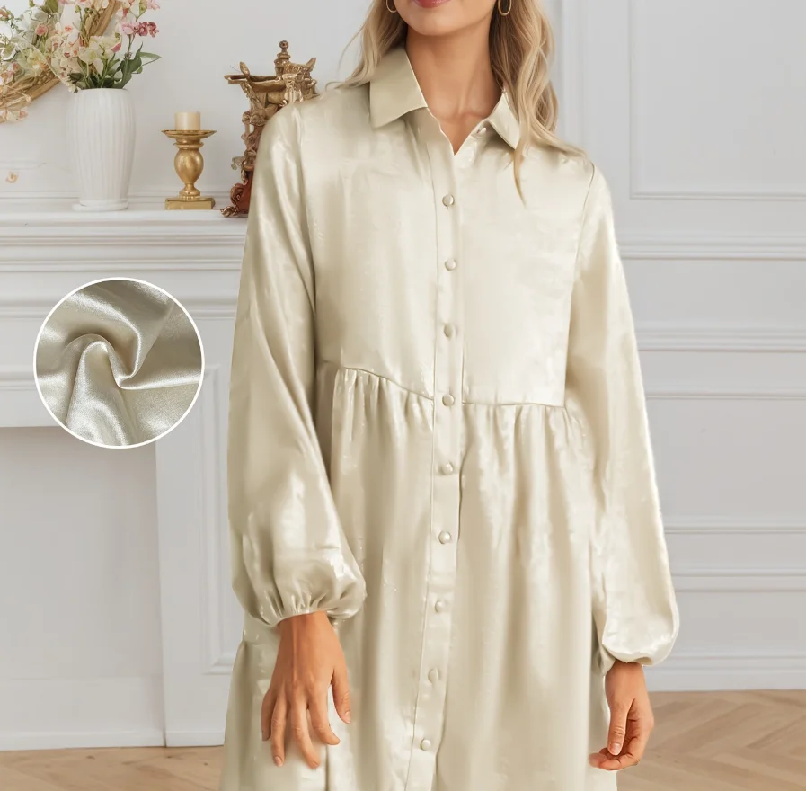 

Women's Dress Spring and Summer New Elegant Casual Style Solid Color Silk Satin Lapel Button Front Lantern Sleeve Loose Dress