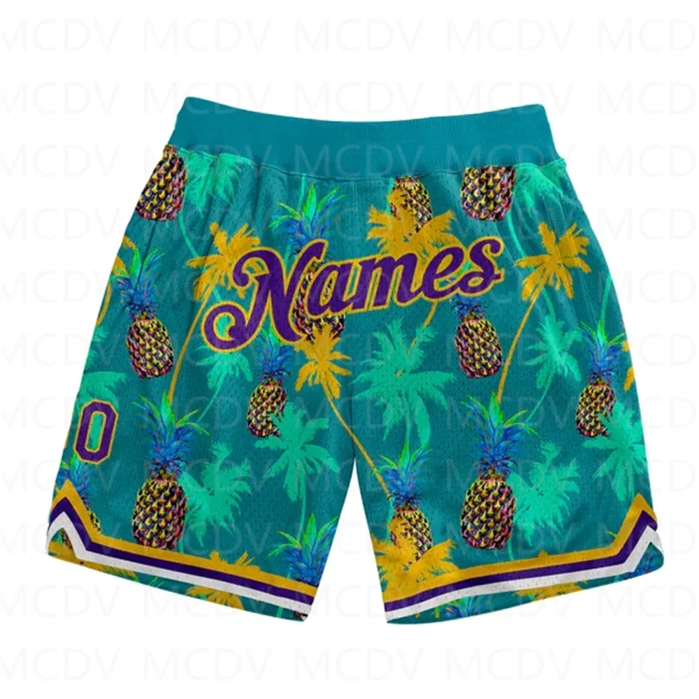 Shorts de praia masculino estampado em todo o lado, personalizado verde kelly, roxo-dourado, padrão 3D, palmeiras, abacaxis, secagem rápida