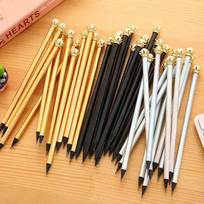 10pcs Black Wood Pencil Print Logo Pearl Crown Gold and Silver Laser Pencil Hotel Advertising Gifts Pencil Set Pencils for Kids