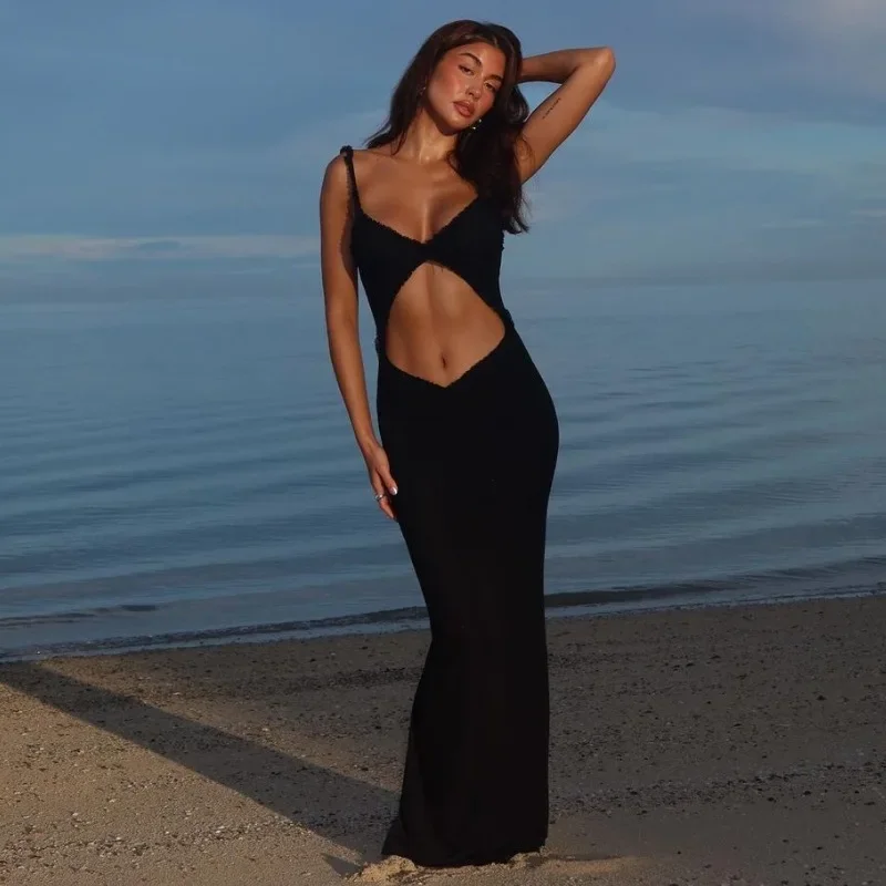 백리스 서스펜더 비치 드레스 우아한 파티 여성 민소매 V넥 컷아웃 바디콘 미니 선드레스 섹시 슬릿 랩 섹시 드레스