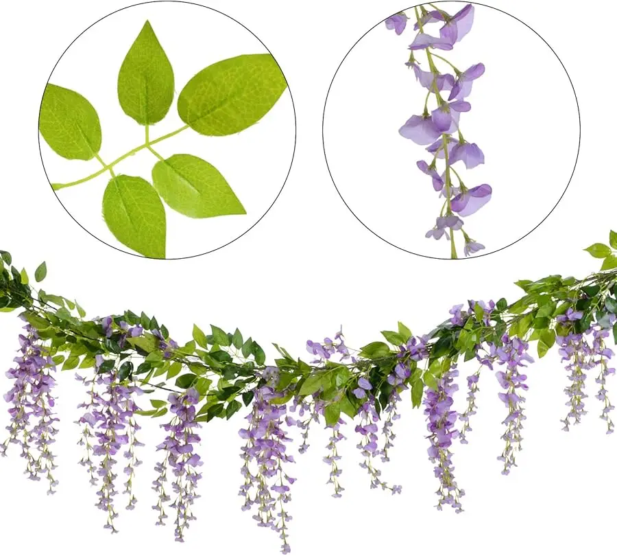 Wisteria Artificial Flowers Garland, 4 Pcs Total 28.8ft Artificial Wisteria Vine Silk Hanging Flower for Home Garden Outdoor Cer