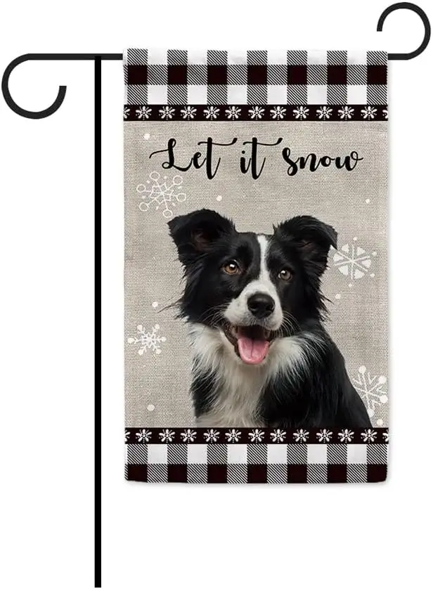 Cute Border Collie Dog Winter Garden Flag Let it Snow Buffalo Check Plaid Banner for Outside Yard Decoration 12.5X18 Inch Printe