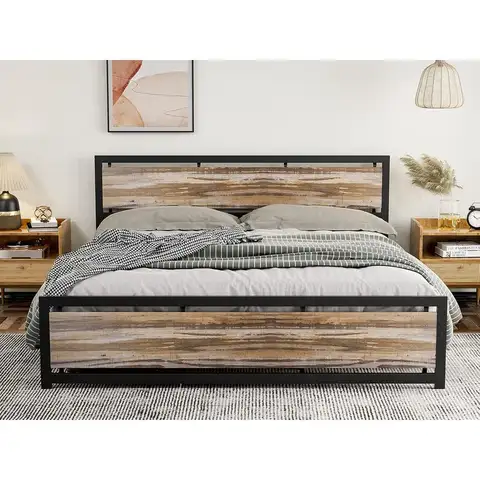 Struttura letto California King in metallo con testiera e pediera in legno - Letto con piattaforma in stile industriale, doghe in acciaio resistenti, non