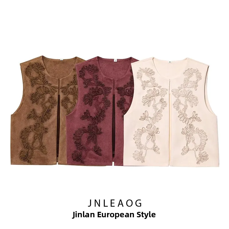 JNLEAOG Spring New Women's Faion Embroidery Decorated Faux Velvet Texture Vest Straight Cut Svel round Ne Polyester