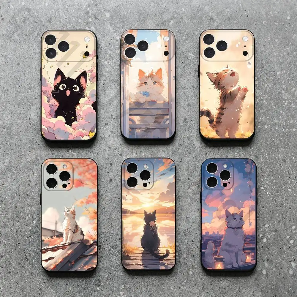 

Cute kawaii cat Phone Case For iPhone 17,16,15,14,13,12,11,Plus,Pro Max,XS,X,XR,SE,Mini,Soft Silicone Black Cover