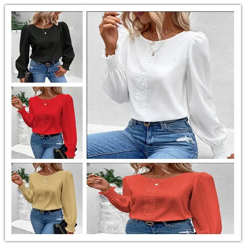 

2023 New Wish Cross-Border round Neck Lace Casual Color Shirt Women's Modern Style Knitted Fabric Short Sleeve Shirt