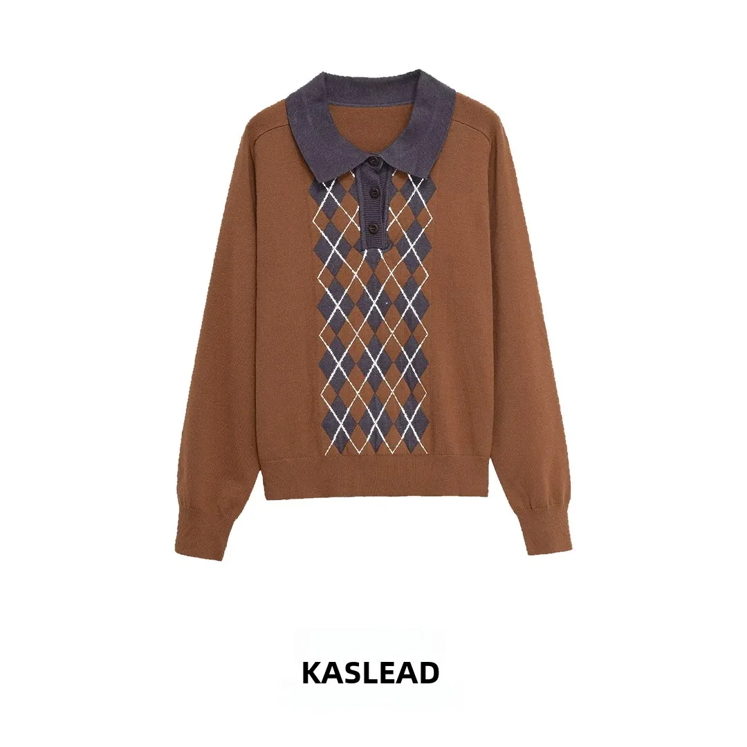 KASLEAD New Women's Faion Diamond Knitted  irt Versatile Sli Polyester Fiber Long Sve Crew Ne Button Detail