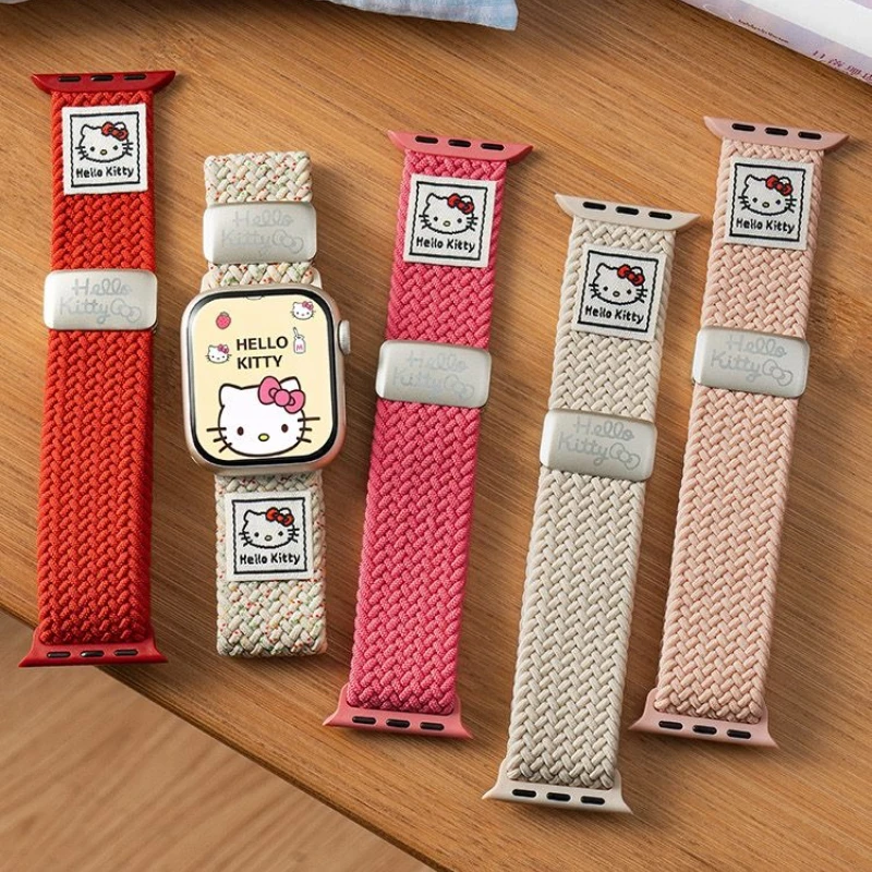 

New Kawaii Sanrio Hello Kitty Wrist Strap Suitable for Apple Watch Woven Nylon Wristband Outdoor Sports Children's Gift