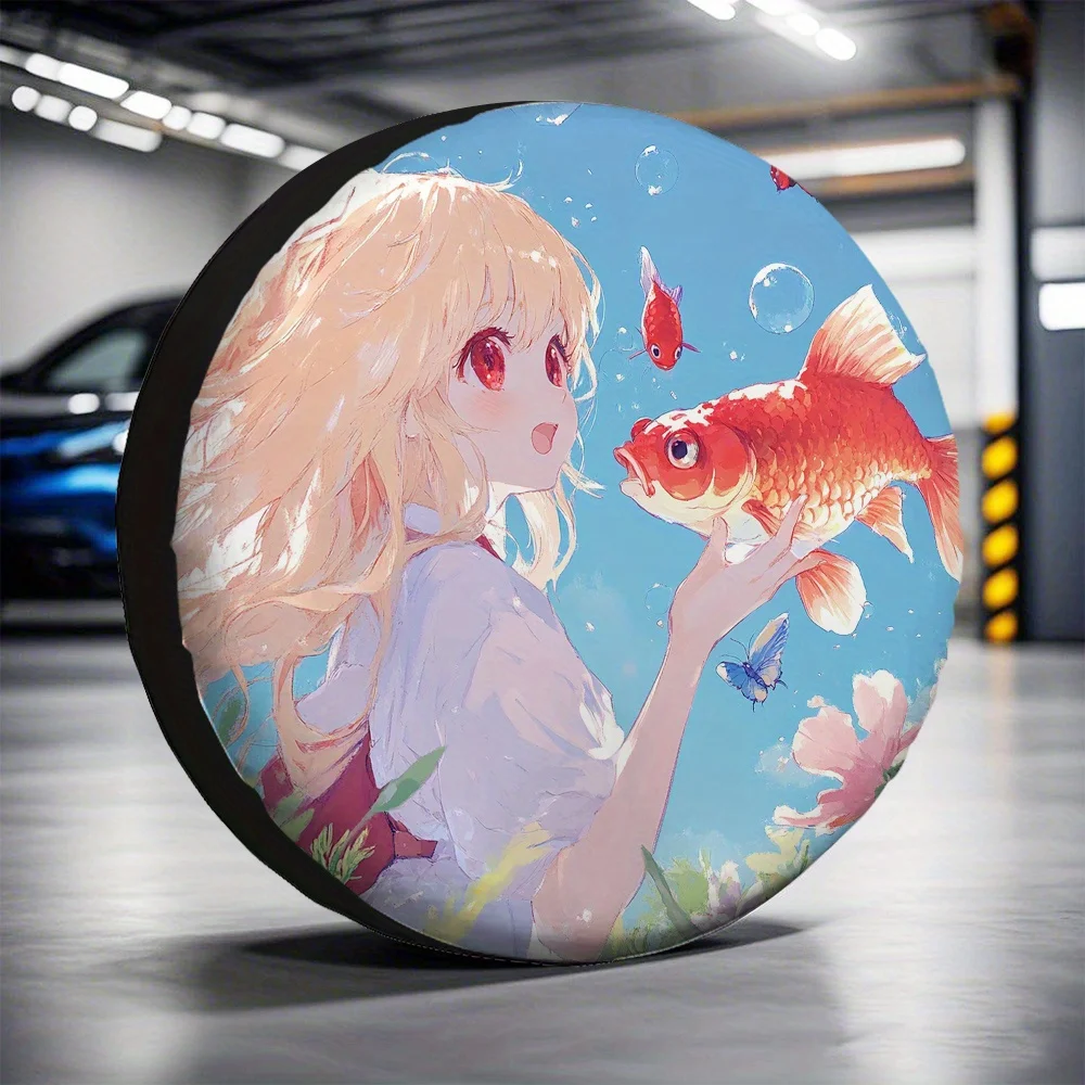 1pc Anime-Style Girl With Fish Car Tire Cover - Vibrant Polyester, No Electricity Needed, Ideal For New Year Gifts For Seaside P