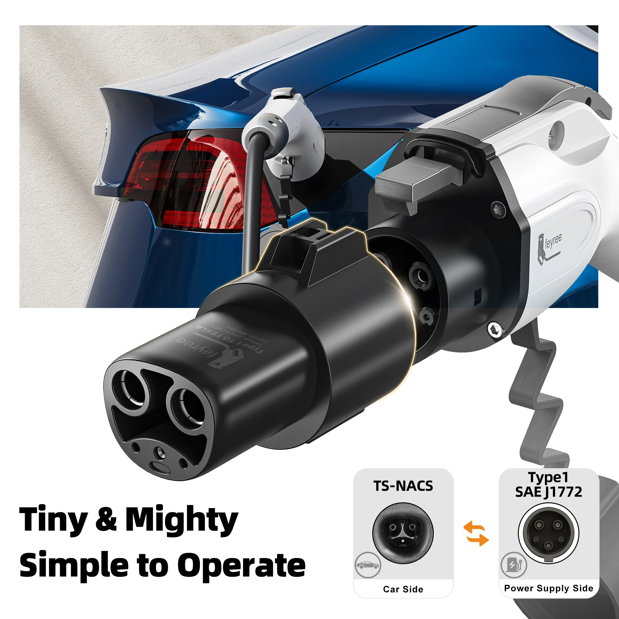 Feyree EV Charger Adapter Type1 J1772 to Tesla TS-NACS Socket EVSE Conversion Socket for Electric Vehicle Car Tesla Model3/Y/S/X
