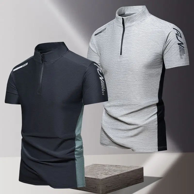 New Fashion Ice Silk Quick Dry Men's Stand-up Collar T-shirt Short-sleeved Sports Fitness Summer Running Polo Shirt Half Zipper