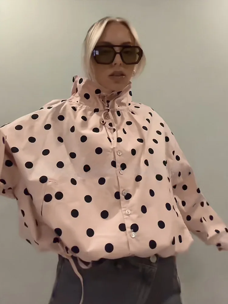 Fashion Polk Dot Women's Jacket Stand Collar Lace Up Single-Breasted Loose Lady Coats 2026 Autumn Chic Female Streetwear New