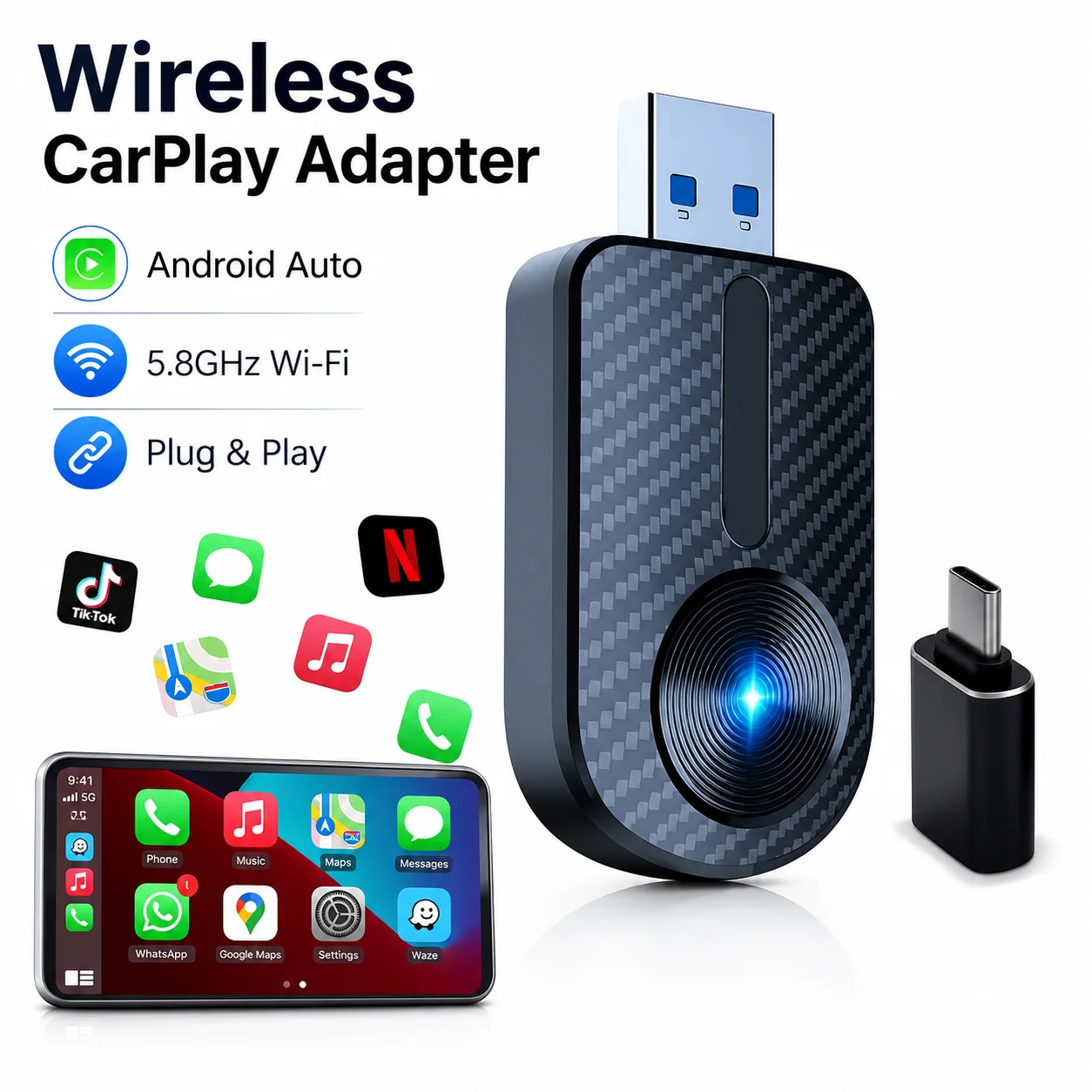2 IN 1 Wireless CarPlay Adapter Android Auto Wireless Adapter, 5.8GHz Wi-Fi Plug & Play,Mini and Stable iOS 10+/Android 10+,