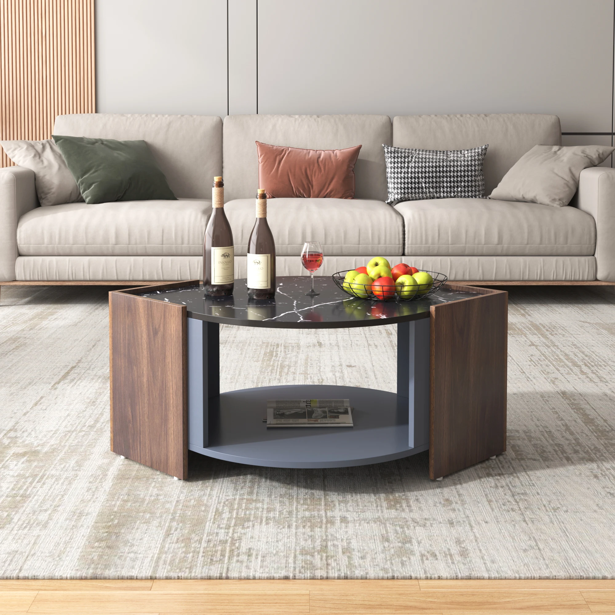 VSOGA Coffee Table, Textured Coffee Table Made Of Marble And Walnut In Contrasting Colors. Living Room Table With Unique Lines96x63cm