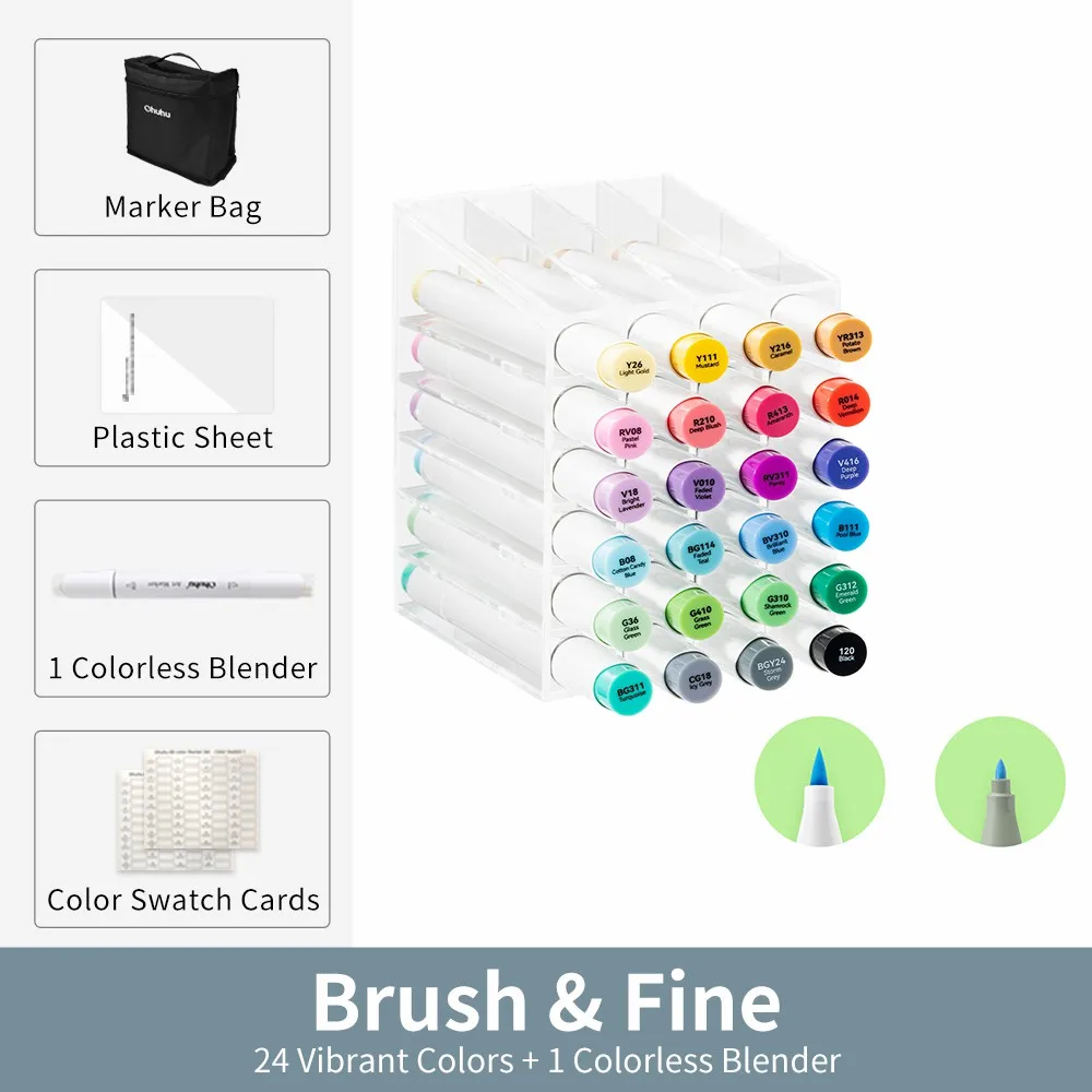 Ohuhu Honolulu 24-kleuren markeerstiftset Alcohol Art Markers Hervulbare Dual Tips Schetsen Tekening Manga School Art Supplies