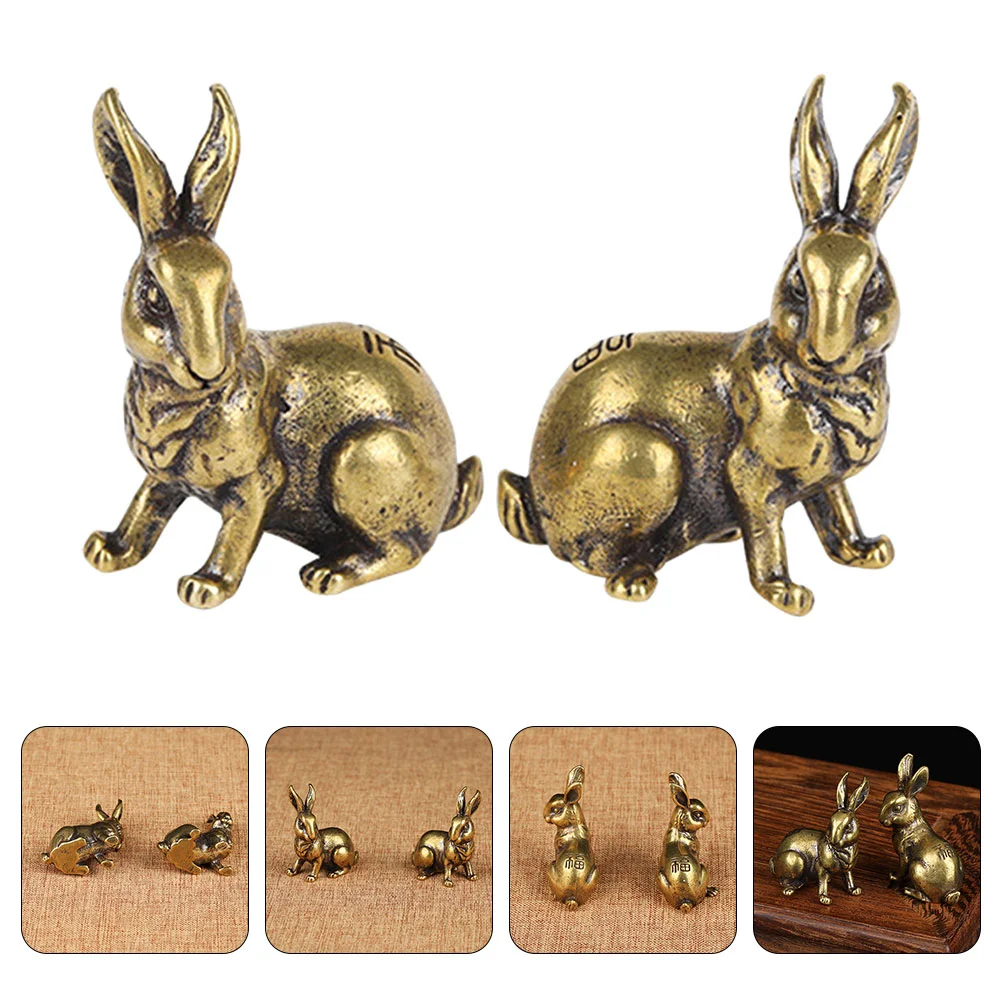 

2 Pcs Brass Chinese Zodiac Sign of Rabbit Retro Decor Household Statue Bookshelf Modeling Lovely Office