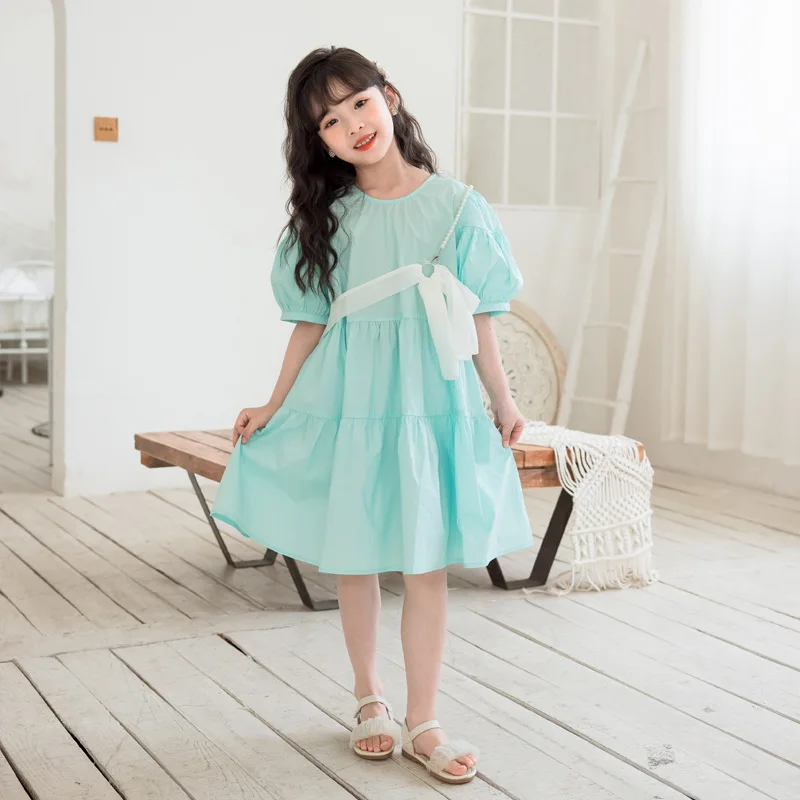 2024 Korean Summer School Girl One-piece Dress Elementary Girl Bubble Sleeve Princess Dress Junior Girl Fluffy Dress 4-12Yrs